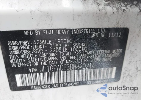 2013 Subaru Impreza 2.0I Premium from USA, damaged, VIN JF1GPAD63DH820214